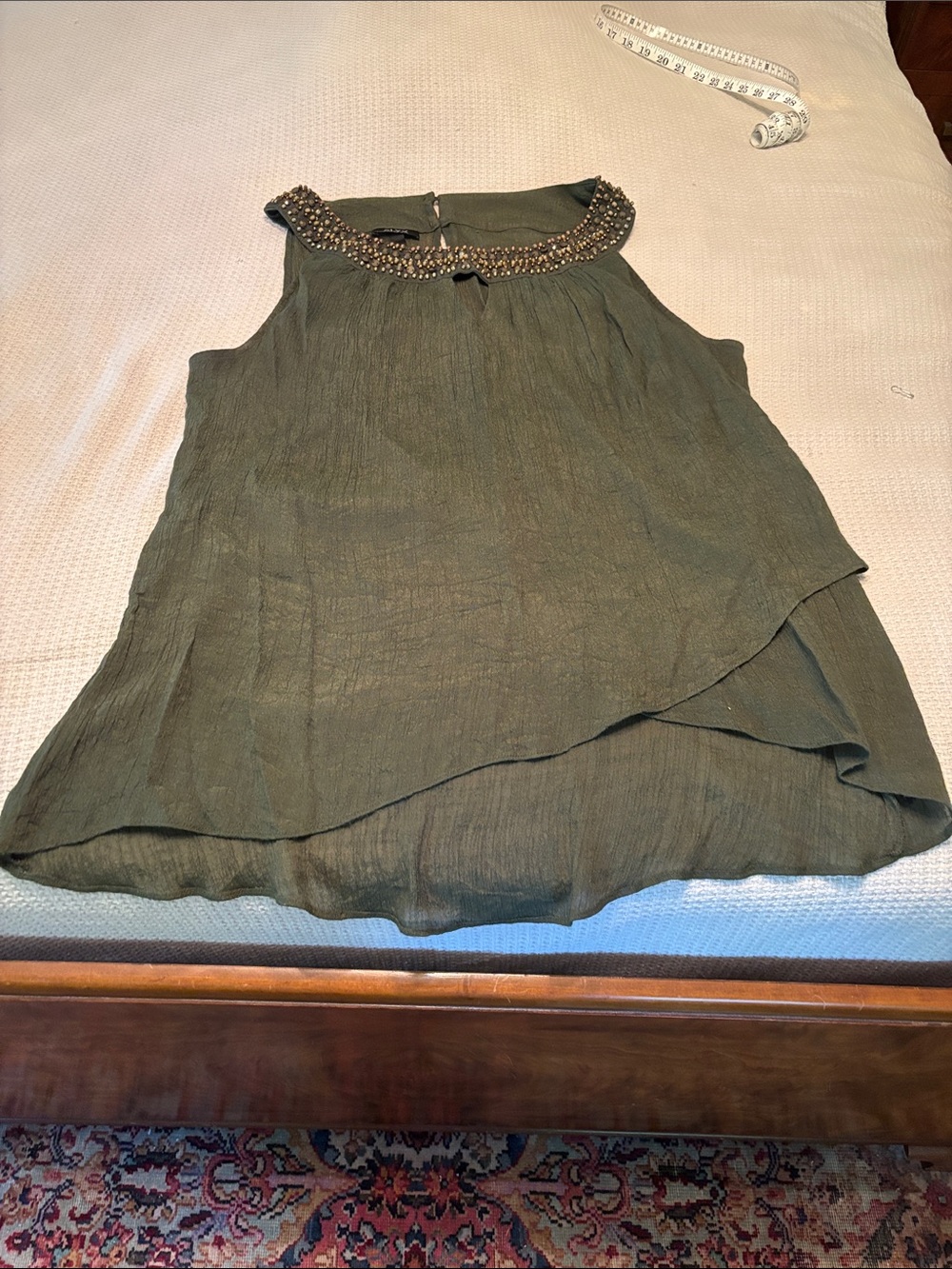 Beaded Collar Sleeveless Layered Top - Olive Green